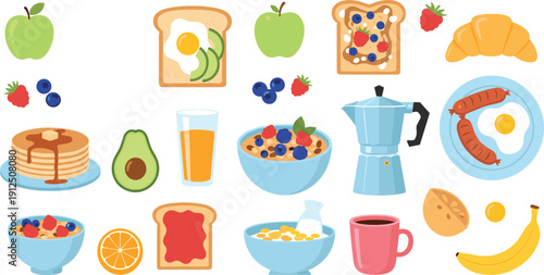 Breakfast food vector set with fruits toast cereal coffee and kitchen items for morning meal illustration