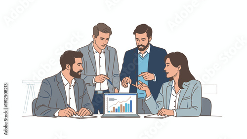 Illustration of a diverse group of business professionals collaborating around a laptop with a bar graph on the screen in a modern office setting with a professional mood.
