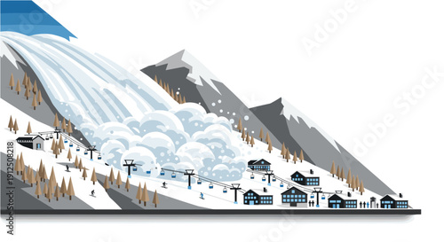 A massive snow avalanche descends rapidly down a steep mountain slope, threatening a small ski resort village nestled below.