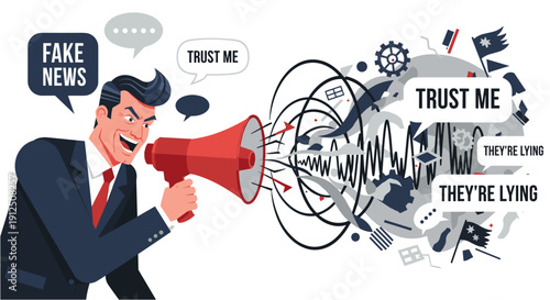 An aggressive man in a suit shouts "Fake News" and "Trust Me" through a megaphone, spreading misinformation and propaganda to a confused audience.