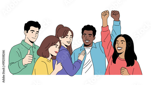 Diverse group of five people standing together with raised fists and thumbs up on a plain white background in a colorful illustration.