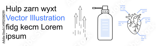 Healthcare, growth, safety, science, technology, medical services. Heart diagram and sanitizer with abstract upward arrows. Highlights health and safety innovations and technology in healthcare
