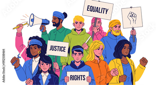 Diverse group of people advocating for social justice, equality, and human rights, holding signs and a megaphone in a powerful protest.