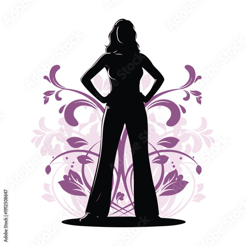 Empowering Silhouette of a Confident Woman on Women's Day Standing Against Floral Design