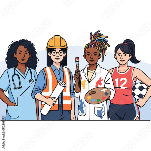 Celebrating Women's Day with diverse women professionals in healthcare, construction, art, and sports standing together
