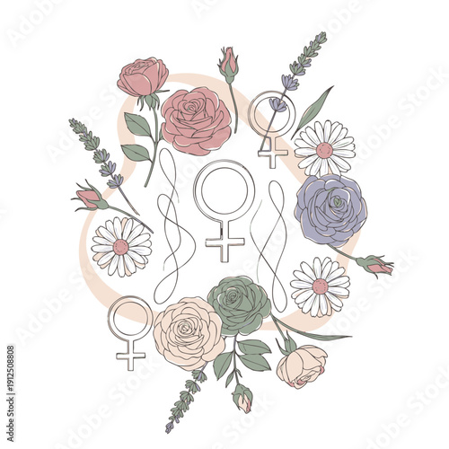 Celebrating Women's Day with Illustrations of Flowers and Female Symbols in a Harmonious Arrangement