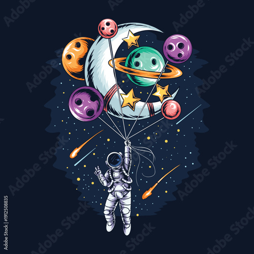 astronaut flying by holding planet and moon balloons