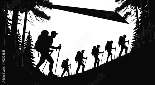 Black and white silhouette of a group of hikers with backpacks and trekking poles climbing a mountain trail through pine trees