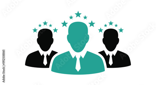 Business team recognition concept showing one superior professional celebrated above two supporting colleagues with stars
