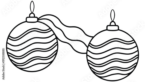 Two black and white striped wavy pattern Christmas baubles connected by a ribbon ornaments holiday decorations
