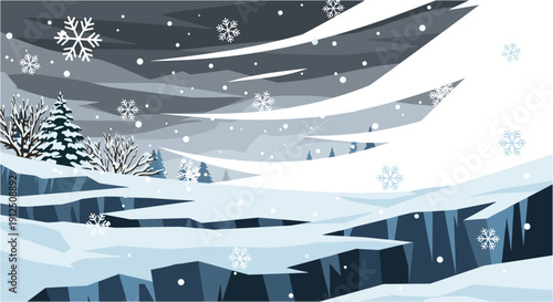A serene, stylized winter landscape with snow-covered hills, evergreen trees, and falling snowflakes, depicting a cold, tranquil environment.
