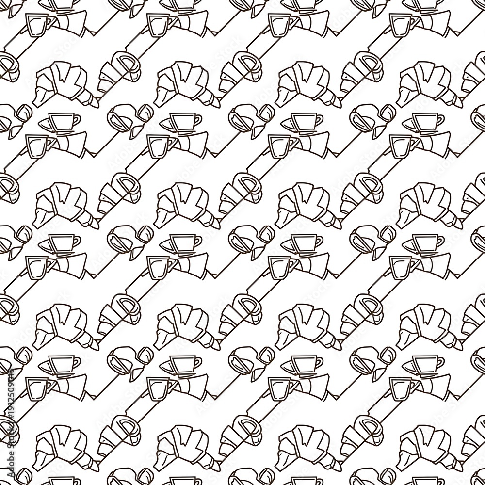 Fototapeta premium Breakfast Pattern - Croissants, Coffee, and Delightful Repetition on White Background.