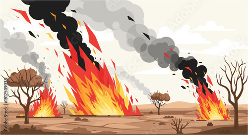 Devastating wildfire rages across a dry, barren landscape, consuming trees and spewing thick, dark smoke into the sky, illustrating environmental destruction.
