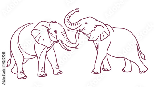 Two intertwined trunk elephants line in maroon on white background intertwined trunks animal interaction