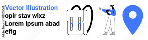 Young woman holding tablet pointing toward a map pin, backpack illustration nearby. Ideal for navigation, travel, wayfinding, education, exploration, technology, outdoor gear simple landing page