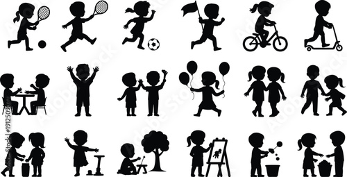 Black Silhouette Icons Collection of Children Playing Sports, Riding Bikes, Painting, Holding Balloons, Playing Soccer, Tennis, and Various Outdoor Childhood Activities