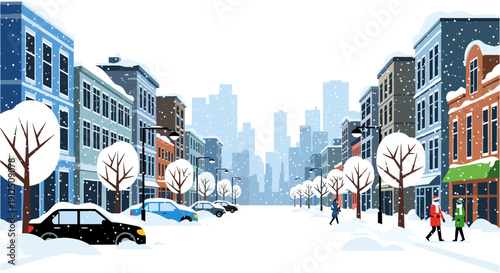 A charming, hand-drawn illustration captures a serene urban street scene blanketed in fresh winter snow, featuring quaint buildings, bare trees, and distant city skyscrapers under a soft, muted sky,