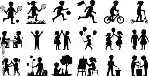 Black Silhouette Icons Collection of Children Playing Sports, Riding Bikes, Painting, Carrying Balloons, Taking Showers, Shopping, and Various Daily Life Activities