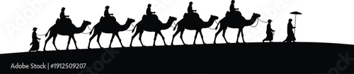 Black silhouette of camel caravan with riders walking across desert sand dunes under hot sun during a long journey travel