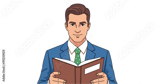 Professional man in a blue suit and green tie attentively reading a book, portraying education, learning, and business acumen.