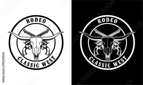 Classic West Rodeo Emblem with Bull Skull and Revolvers.