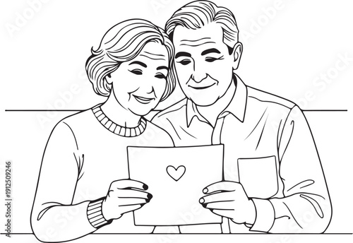 Elderly Senior Couple, Grandparents, Happily Reading a Love Card with a Heart Symbol - Perfect for Valentine's Day or Anniversary Celebrations, Coloring Book Style Line Art