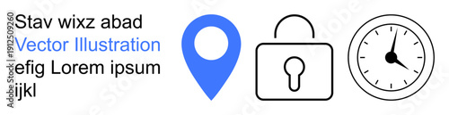 Navigation, data security, time management, location tracking, digital safety, scheduling. Blue location pin, padlock and clock. Navigation and data security concepts