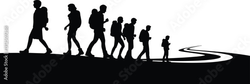 Black silhouette of group of hikers with backpacks walking on winding trail path isolated on white background vector illustration