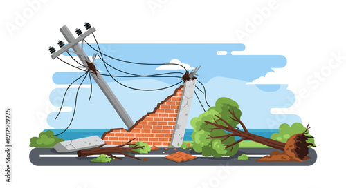 A devastating scene of natural disaster aftermath with a broken power pole, damaged brick wall, and fallen tree blocking a road.