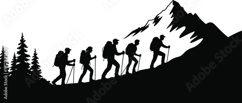 Black Silhouette of Group of Five Hikers with Backpacks and Trekking Poles Climbing Up a Steep Mountain Peak with Pine Trees