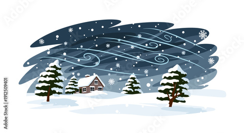 A charming winter illustration featuring a snow-covered cabin nestled among pine trees, with a blustery snowfall and swirling wind patterns.
