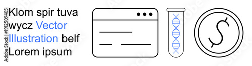 Science, genetic research, web development, intellectual property, educational material, digital interfaces. Stylized DNA test tube, web window S coin icon. Science and intellectual property concept