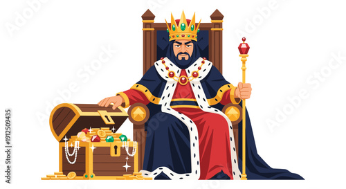 A powerful king, adorned in a royal crown and luxurious robes, sits majestically on his ornate throne beside a treasure chest overflowing with gold and jewels, symbolizing wealth and authority.