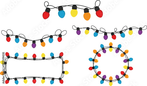 Christmas string lights collection colorful festive bulbs cartoon vector illustration set isolated background