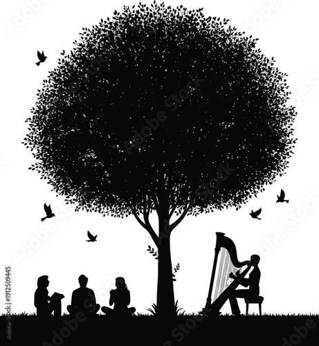 Black Silhouette of People Relaxing Under Large Tree with Musician Playing Harp Birds Flying and Group Sitting on Grass Meadow