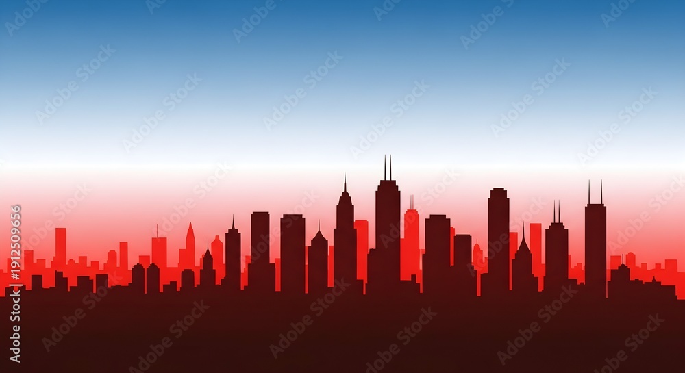 Fototapeta premium Urban cityscape silhouette against a patriotic red, white, and blue gradient sky. Concept for national infrastructure, urban development, or US election campaigns.