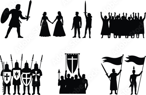 Black silhouettes of medieval knights with swords and shields including crusaders with banners and a cheering crowd for historical battle scenes