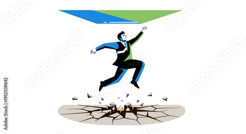 A determined businessman leaps from a crumbling foundation towards a new, stable platform, symbolizing overcoming challenges and achieving growth.