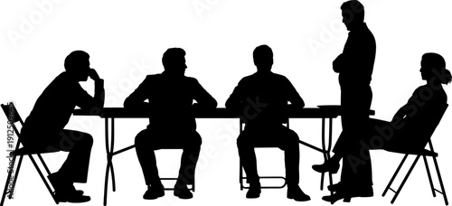 Black silhouettes of camel caravan medieval knights sitting people and business professionals in a meeting isolated on a white background