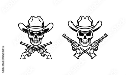 Cowboy Skull with Crossed Revolvers Vector Illustration Set.