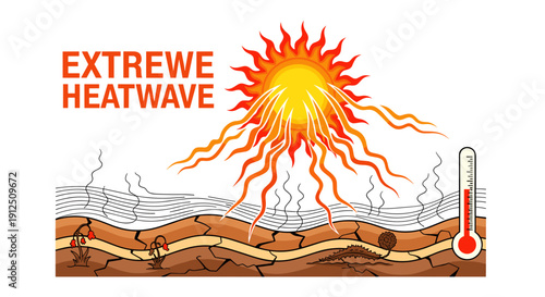 An illustrative depiction of an extreme heatwave, showcasing a scorching sun, parched earth, and a rising thermometer, symbolizing global warming and climate change.
