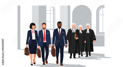 Diverse group of legal professionals, including lawyers and judges, walking purposefully in front of a courthouse building, representing justice and law.