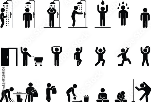 Black Stick Figure Icons Collection Featuring People Showering, Shopping with Carts, Carrying Bags, Cleaning, Ironing, Opening Doors, and Daily Life Poses