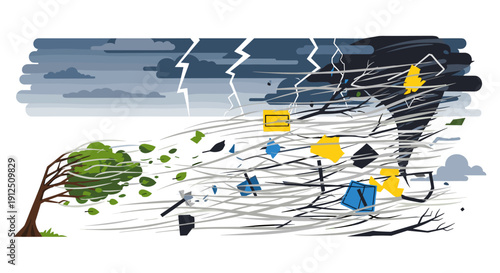 A powerful and destructive tornado rips through a landscape, uprooting trees and scattering debris under a stormy sky.