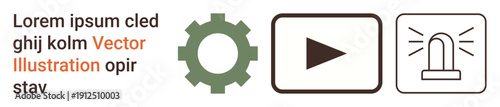 Technology, automation, alerts, notifications, user interface, digital tools. Green gear, black play button and alarm symbol with rays. Technology and automation concept