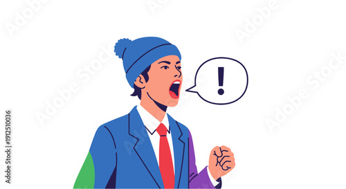 Dynamic illustration of a young man in a blue beanie and suit, passionately shouting with an exclamation mark speech bubble, conveying urgency and strong emotion.