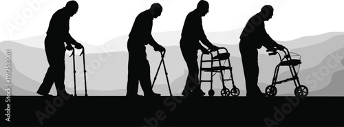 Elderly mobility silhouette set featuring senior men using walking sticks, forearm crutches, and medical walkers for rehabilitation and geriatric care