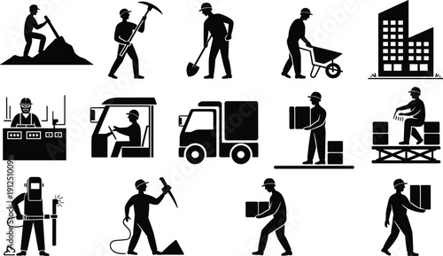 Construction worker silhouette set featuring builders digging, welding, driving trucks, carrying boxes, and operating heavy machinery in an industrial work environment