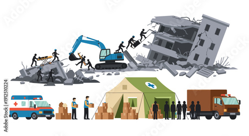 Emergency response teams and volunteers providing aid and rescue operations at a collapsed building site after a natural disaster.