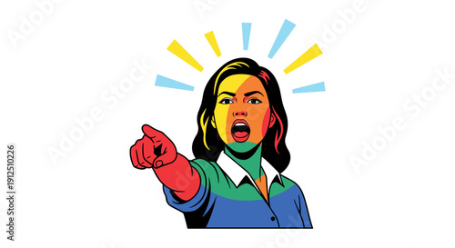 Vibrant pop art illustration of an angry woman with an open mouth, pointing her finger, conveying strong emotions and confrontation.
